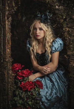 Enigmatic and beautiful woman in an Alice in Wonderland setting, crying obsidian black tears, deep emotional expression, surreal and whimsical atmosphere, Victorian dress, gothic elegance, ethereal glow, fantastical surroundings, hyperrealistic, dramatic chiaroscuro lighting, whimsical elements like oversized flowers and curious creatures, magical and dreamlike quality.,1girl