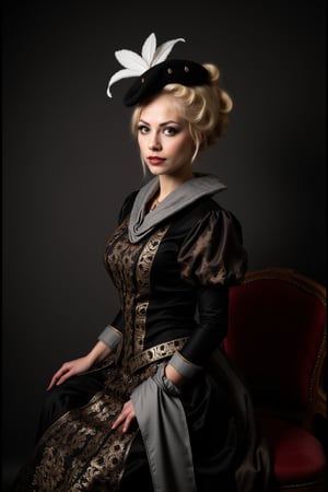 A photograph of a blonde woman performing cosplay as Anne of Austria, a portrait of a woman dressed in a black dress adorned with gold embroidery. The woman's head is adorned with a black cap, adorned with white feathers and a white ribbon. Her hair is styled in a bun, adding a touch of warmth to the scene. Her dress is adorned in a intricate pattern of black, white, and gold, while her left hand is draped in a silver scarf. The backdrop is a dark gray, and a chair with a red velvet seat is positioned to the right of the woman.