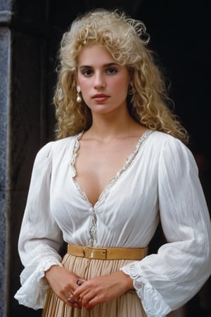 a beautiful blonde woman ready to attend the court of Spanish King Charles, year 1635, Madrid. photographer Steve McCurry, on Kodachrome 64 color slide film, with a Nikon FM2 camera and Nikkor 105mm Ai-S F2.5 lens