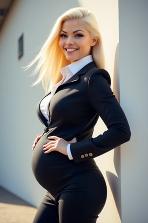 A sultry blonde woman with striking white locks, dressed in professional attire that accentuates her curves. Her long, golden hair flows in the gentle breeze as she stands outside against a subtle, blurred background. The camera captures her profile, emphasizing her sharp features and radiant smile.