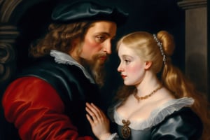 A Baroque-inspired scene unfolds: a rugged male figure, dressed in dark grey jersey and cap, wraps his arm around the slender form of a young woman, her long blonde hair and bangs framing her porcelain doll-like face. Her bright red oversized sweater glows under the soft night lights as they share a warm smile. Their eyes lock in a tender moment, reminiscent of 17th-century Dutch Masters circa 1640.,oil on canvas rubens circa 1640 