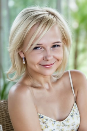 A stunning portrait of a single blonde girl, gazing directly at the viewer with a radiant smile. Her porcelain complexion is illuminated by soft, natural light, accentuating her features. A delicate pearl necklace adorns her neck, complemented by sparkling jewelry on her fingers and toes. Nail polish adds a pop of color to her manicured nails. Framed against a clean, formal background, the subject's confident grin fills the entire image, exuding an air of sophistication and charm.,(masterpiece, hyperrealistic, 8K, HDR,Short blonde hair,(masterpiece, hyperrealistic, 8K, HDR