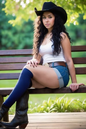 A young woman sits confidently on a wooden bench, surrounded by lush greenery. Her long, dark hair cascades down her back, framing her striking features. She wears a pair of denim shorts, revealing toned legs and knee-high boots. A black cowboy hat rests atop her curly locks, adding to her bold persona. Her eyes sparkle with clarity as she gazes straight ahead. A wide belt encircles her waist, drawing attention to her athletic physique. The sun casts a warm glow on the scene, accentuating her realistic cosplay ensemble, complete with a daring short shorts and high socks combination that exudes playfulness and adventure.