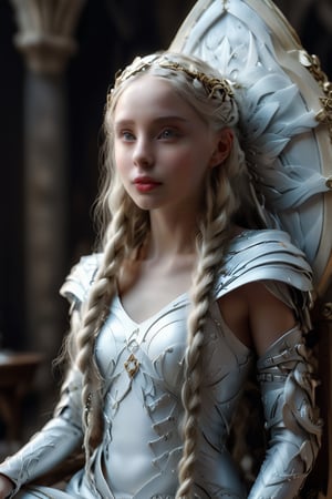 Photograph of elf Galadriel, (very long golden hair with silver highlights:1.2), (small ears:1.4), by Hendrik Kerstens, analog photographic print, masterpiece, trending on artstation, 8k, 1girl 18yo, multiple complex braids, 
White goddamer gown, 
circlet, 
Light plate armor, sitting on an elaborate chair inside the citadel,
3 point lighting, Photograph, 
Dynamic pose, dynamic view,
Portrait, masterpiece, RAW, by Steve McCurry, Olympus OM1, 80mm, Kodak Portra 35mm, professional photography, ,Angel,more detail XL