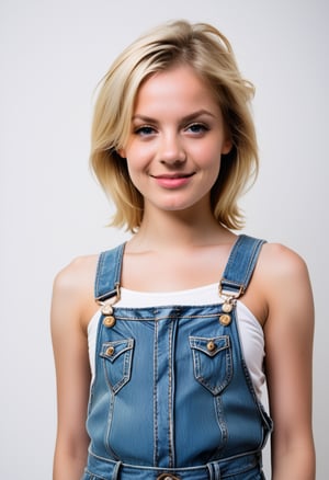 young woman with short, blonde hair and a scattering of freckles across her cheeks sits in front of a pure white background, her bare shoulders and upper body visible. Her eyes are cast slightly downward, while her lips curl into a subtle smile. A pair of overalls hangs loosely from her waist, adding a touch of playfulness to the otherwise minimalist composition. Soft, natural light illuminates her features, accentuating the texture of her skin. Photographer Richard Avedon, 1girl, dynamic pose 