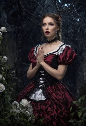 Enigmatic and beautiful woman in an Alice in Wonderland setting, crying obsidian black tears, deep emotional expression, surreal and whimsical atmosphere, Victorian dress, gothic elegance, ethereal glow, fantastical surroundings, hyperrealistic, dramatic chiaroscuro lighting, whimsical elements like oversized flowers and curious creatures, magical and dreamlike quality.,1girl