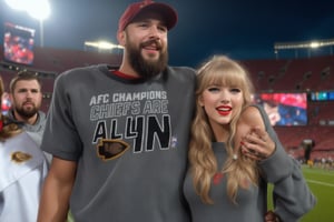 Travis Kelsey, a rugged Caucasian with a cap, crew cut, and beard, wraps his arm around Taylor Swift's slender figure as they stand together on the football stadium's illuminated field at night. He wears a dark grey jersey, while she sports long blonde hair, bangs framing her porcelain doll-like face, and bold red lipstick. Her bright red oversized sweater glows under the stadium lights. They share a warm smile, their eyes locked in a tender moment, captured in vivid oil on canvas by Caravaggio circa 1600.