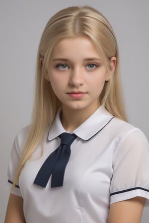 young woman in school uniform, golden hair with platinum highlights, natural ears, gossamer dress, 