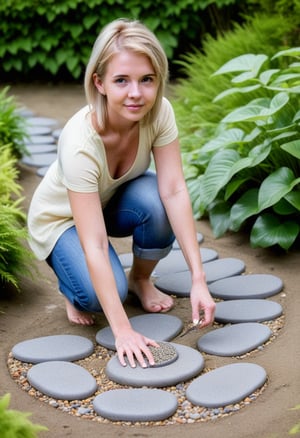 A serene woman posing on stepping stones amidst lush greenery and carefully raked gravel in a traditional garden. 