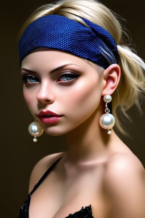 1girl, solo, looking at viewer, jewelry, upper body, earrings, lips, headband, traditional media, realistic, bandana, painting \(medium\), pearl earring 