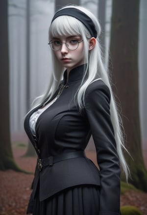 A stern-faced (elf girl:1.3), 16yo, stands formally, her pale skin a canvas for the wispy freckles that dance across her features. Her platinum blonde hair falls in straight, silky strands down her back, framing her sharp jawline and piercing grey eyes, which narrow into a scowl. A sleek black military school jacket with high collar and chin strap is cinched at her waist, showing cleavage, complemented by a black beret perched atop her head. Circle glasses with thin frames perch on the end of her nose, lending an air of intelligent intensity to her countenance. Her bangs are trimmed close to her eyebrows, adding to her overall sense of formality and discipline. The fantasy setting is marked by subtle hints of mysticism in the misty background, where ancient trees and mysterious orbs seem to whisper secrets to the wind.