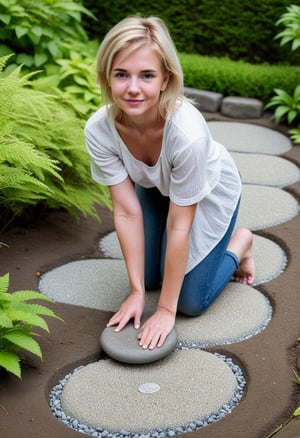 A serene woman posing on stepping stones amidst lush greenery and carefully raked gravel in a traditional garden. 