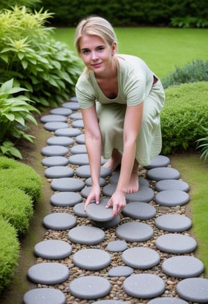 A serene woman posing on stepping stones amidst lush greenery and carefully raked gravel in a traditional garden. 