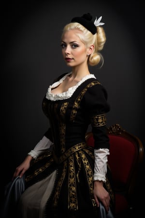 A photograph of a blonde woman performing cosplay as Anne of Austria, a portrait of a woman dressed in a black dress adorned with gold embroidery. The woman's head is adorned with a black cap, adorned with white feathers and a white ribbon. Her hair is styled in a bun, adding a touch of warmth to the scene. Her dress is adorned in a intricate pattern of black, white, and gold, while her left hand is draped in a silver scarf. The backdrop is a dark gray, and a chair with a red velvet seat is positioned to the right of the woman.