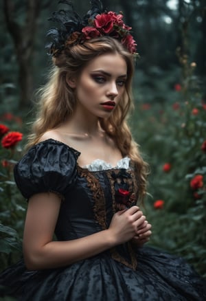 Enigmatic and beautiful woman in an Alice in Wonderland setting, crying obsidian black tears, deep emotional expression, surreal and whimsical atmosphere, Victorian dress, gothic elegance, ethereal glow, fantastical surroundings, hyperrealistic, dramatic chiaroscuro lighting, whimsical elements like oversized flowers and curious creatures, magical and dreamlike quality.,1girl