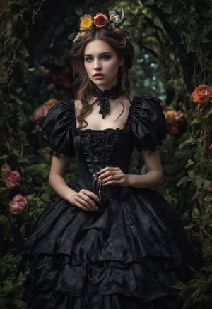 Enigmatic and beautiful woman in an Alice in Wonderland setting, crying obsidian black tears, deep emotional expression, surreal and whimsical atmosphere, Victorian dress, gothic elegance, ethereal glow, fantastical surroundings, hyperrealistic, dramatic chiaroscuro lighting, whimsical elements like oversized flowers and curious creatures, magical and dreamlike quality.,1girl