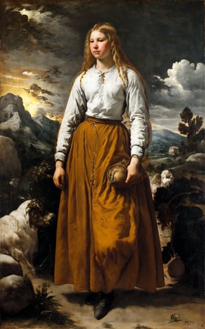 A serene portrait of a peasant girl, 18yo, with long, golden blonde hair, stands tall in a simple homespun dress, its heavy fabric shimmering under warm, golden light. Framed from the waist up, her flowing homespun and braided locks take center stage. The soft glow highlights the gentle curves of her face and subtle smile, as if captured in a fleeting moment of quiet contemplation. Oil on canvas by Velazquez,Velazquez 