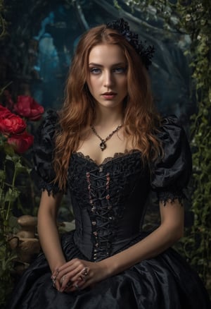 Enigmatic and beautiful woman in an Alice in Wonderland setting, crying obsidian black tears, deep emotional expression, surreal and whimsical atmosphere, Victorian dress, gothic elegance, ethereal glow, fantastical surroundings, hyperrealistic, dramatic chiaroscuro lighting, whimsical elements like oversized flowers and curious creatures, magical and dreamlike quality.,1girl