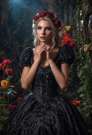 Enigmatic and beautiful woman in an Alice in Wonderland setting, crying obsidian black tears, deep emotional expression, surreal and whimsical atmosphere, Victorian dress, gothic elegance, ethereal glow, fantastical surroundings, hyperrealistic, dramatic chiaroscuro lighting, whimsical elements like oversized flowers and curious creatures, magical and dreamlike quality.,1girl