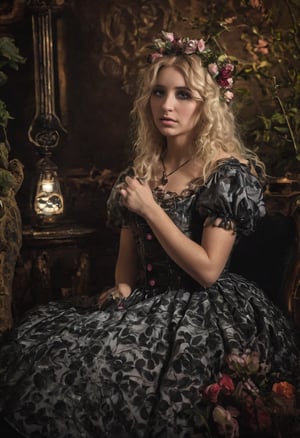 Enigmatic and beautiful woman in an Alice in Wonderland setting, crying obsidian black tears, deep emotional expression, surreal and whimsical atmosphere, Victorian dress, gothic elegance, ethereal glow, fantastical surroundings, hyperrealistic, dramatic chiaroscuro lighting, whimsical elements like oversized flowers and curious creatures, magical and dreamlike quality.,1girl