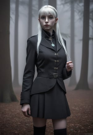 A stern-faced (elf girl:1.3), 16yo, stands formally, her pale skin a canvas for the wispy freckles that dance across her features. Her platinum blonde hair falls in straight, silky strands down her back, framing her sharp jawline and piercing grey eyes, which narrow into a scowl. A sleek black military school jacket with high collar and chin strap is cinched at her waist, showing cleavage, complemented by a black beret perched atop her head. Circle glasses with thin frames perch on the end of her nose, lending an air of intelligent intensity to her countenance. Her bangs are trimmed close to her eyebrows, adding to her overall sense of formality and discipline. The fantasy setting is marked by subtle hints of mysticism in the misty background, where ancient trees and mysterious orbs seem to whisper secrets to the wind.