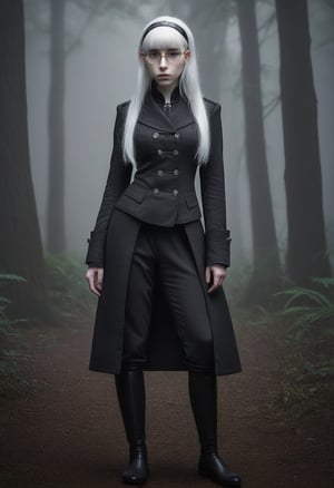 A stern-faced (elf girl:1.3), 16yo, stands formally, her pale skin a canvas for the wispy freckles that dance across her features. Her platinum blonde hair falls in straight, silky strands down her back, framing her sharp jawline and piercing grey eyes, which narrow into a scowl. A sleek black military school jacket with high collar and chin strap is cinched at her waist, showing cleavage, complemented by a black beret perched atop her head. Circle glasses with thin frames perch on the end of her nose, lending an air of intelligent intensity to her countenance. Her bangs are trimmed close to her eyebrows, adding to her overall sense of formality and discipline. The fantasy setting is marked by subtle hints of mysticism in the misty background, where ancient trees and mysterious orbs seem to whisper secrets to the wind.