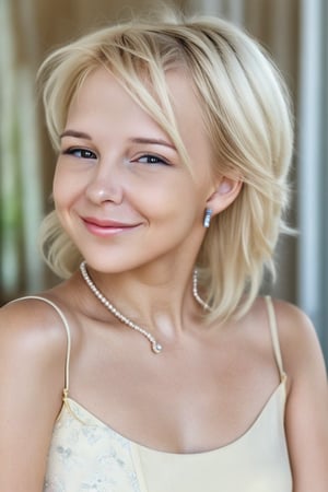 A stunning portrait of a single blonde girl, gazing directly at the viewer with a radiant smile. Her porcelain complexion is illuminated by soft, natural light, accentuating her features. A delicate pearl necklace adorns her neck, complemented by sparkling jewelry on her fingers and toes. Nail polish adds a pop of color to her manicured nails. Framed against a clean, formal background, the subject's confident grin fills the entire image, exuding an air of sophistication and charm.,(masterpiece, hyperrealistic, 8K, HDR,Short blonde hair,(masterpiece, hyperrealistic, 8K, HDR