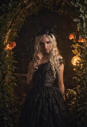 Enigmatic and beautiful woman in an Alice in Wonderland setting, crying obsidian black tears, deep emotional expression, surreal and whimsical atmosphere, Victorian dress, gothic elegance, ethereal glow, fantastical surroundings, hyperrealistic, dramatic chiaroscuro lighting, whimsical elements like oversized flowers and curious creatures, magical and dreamlike quality.,1girl