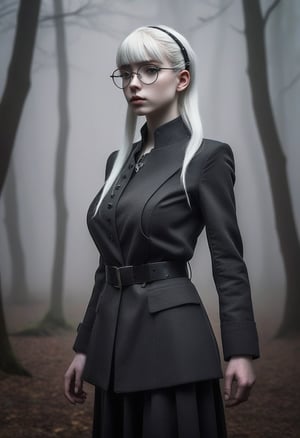 A stern-faced (elf girl:1.3), 16yo, stands formally, her pale skin a canvas for the wispy freckles that dance across her features. Her platinum blonde hair falls in straight, silky strands down her back, framing her sharp jawline and piercing grey eyes, which narrow into a scowl. A sleek black military school jacket with high collar and chin strap is cinched at her waist, showing cleavage, complemented by a black beret perched atop her head. Circle glasses with thin frames perch on the end of her nose, lending an air of intelligent intensity to her countenance. Her bangs are trimmed close to her eyebrows, adding to her overall sense of formality and discipline. The fantasy setting is marked by subtle hints of mysticism in the misty background, where ancient trees and mysterious orbs seem to whisper secrets to the wind.