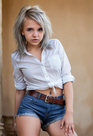 A sultry outdoor setting: A young girl, her piercing gaze unwavering. She sports a crisp white shirt cinched at her waist by a belt, while her short denim shorts showcase toned legs. Her confident pose features a dynamic rear view, as she stands with one hip cocked, tattered tight cutoff jeans with fringe framing a perfectly rounded rear end that peeks out from beneath the hem. The blurred background fades into obscurity, focusing our attention on her unapologetic pose and radiant hair.