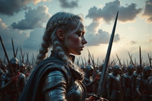 A platinum blonde warrior stands in profile, framed against ominous clouds gathering above, her gaze sweeping the enemy's battle lines with a determined intensity. Rennaisance armor shines dimly as she holds sword and helmet, braids wrapped around her head like a warrior's crown. Disciplined warriors line up behind, spears and shields at the ready, while foreboding shadows darken the field.