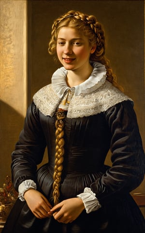 A serene portrait of a girl with long, golden blonde hair intricately adorned with multiple complex braids, stands tall in a ornately embroidered Farthingale dress and (ruff collar:1.3), its heavy fabric shimmering under warm, golden light. Framed from the waist up, her flowing Farthingale and braided locks take center stage. The soft glow highlights the gentle curves of her face and subtle smile, as if captured in a fleeting moment of quiet contemplation. Oil on canvas by Caravaggio ca 1600