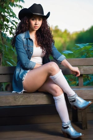 A young woman sits confidently on a wooden bench, surrounded by lush greenery. Her long, dark hair cascades down her back, framing her striking features. She wears a pair of denim shorts, revealing toned legs and knee-high boots. A black cowboy hat rests atop her curly locks, adding to her bold persona. Her eyes sparkle with clarity as she gazes straight ahead. A wide belt encircles her waist, drawing attention to her athletic physique. The sun casts a warm glow on the scene, accentuating her realistic cosplay ensemble, complete with a daring short shorts and high socks combination that exudes playfulness and adventure.