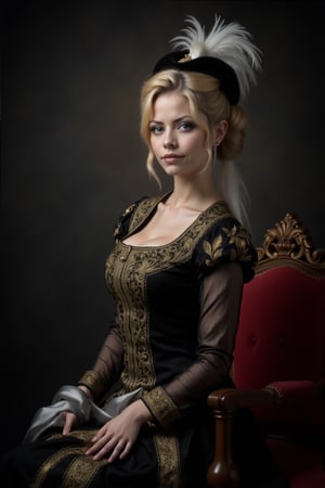 A photograph of a blonde woman performing cosplay as Anne of Austria, a portrait of a woman dressed in a black dress adorned with gold embroidery. The woman's head is adorned with a black cap, adorned with white feathers and a white ribbon. Her hair is styled in a bun, adding a touch of warmth to the scene. Her dress is adorned in a intricate pattern of black, white, and gold, while her left hand is draped in a silver scarf. The backdrop is a dark gray, and a chair with a red velvet seat is positioned to the right of the woman.