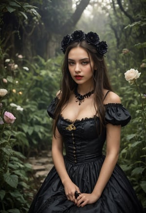 Enigmatic and beautiful woman in an Alice in Wonderland setting, crying obsidian black tears, deep emotional expression, surreal and whimsical atmosphere, Victorian dress, gothic elegance, ethereal glow, fantastical surroundings, hyperrealistic, dramatic chiaroscuro lighting, whimsical elements like oversized flowers and curious creatures, magical and dreamlike quality.,1girl