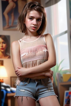 professional photograph of a young woman indoors, brown hair,
hyperrealistic, masterpiece, 8k, trending on artstation, centerfold, hazy atmosphere, 
18yo, 1girl, more detail XL tattered tight cut off jean shorts with fringe on the bottom, ()