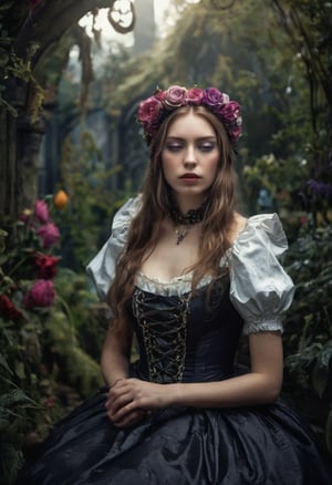 Enigmatic and beautiful woman in an Alice in Wonderland setting, crying obsidian black tears, deep emotional expression, surreal and whimsical atmosphere, Victorian dress, gothic elegance, ethereal glow, fantastical surroundings, hyperrealistic, dramatic chiaroscuro lighting, whimsical elements like oversized flowers and curious creatures, magical and dreamlike quality.,1girl