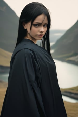 1girl, solo, facing the viewer, (looking at viewer:1.3), upper body, long dark hair parted in the Middle, shaved eyebrows, wearing a dark dress and robes, background of a river valley, muted colors, 