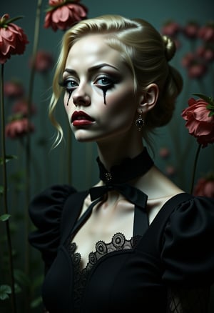 Enigmatic and beautiful woman in an Alice in Wonderland setting, crying obsidian black tears, deep emotional expression, surreal and whimsical atmosphere, Victorian dress, gothic elegance, ethereal glow, fantastical surroundings, hyperrealistic, dramatic chiaroscuro lighting, whimsical elements like oversized flowers and curious creatures, magical and dreamlike quality.,1girl,photographic images of a blonde woman