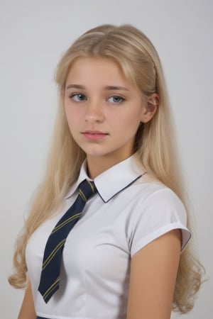 young woman in school uniform, golden hair with platinum highlights, natural ears, gossamer dress, 