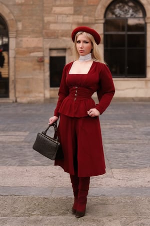 a beautiful blonde woman, 23yo, ready to attend the court of Spanish King Charles, year 1635, Madrid. Historical reenactment photograph. photographer Steve McCurry, on Kodachrome 64 color slide film, with a Nikon FM2 camera and Nikkor 105mm Ai-S F2.5 lens, 