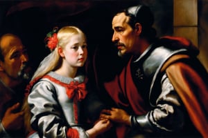 A Baroque-inspired scene unfolds: a rugged male figure, dressed in dark grey jersey and cap, wraps his arm around the slender form of a young woman, her long blonde hair and bangs framing her porcelain doll-like face. Her bright red oversized sweater glows under the soft night lights as they share a warm smile. Their eyes lock in a tender moment.,Velazquez,Baroque Painting, circa 1640