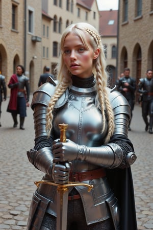 a platinum blonde woman dressed in a medieval armor, holding a sword in her right hand. Her left arm is draped over her left shoulder, while her right arm is wrapped around her left arm. She is standing on a cobblestone street, with a blurry background. The woman's hair is styled in two braids, adding a touch of texture to her outfit. She stands in a village square with peasants and soldiers passing by in thje background.