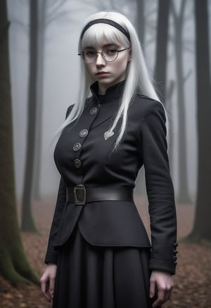 A stern-faced (elf girl:1.3), 16yo, stands formally, her pale skin a canvas for the wispy freckles that dance across her features. Her platinum blonde hair falls in straight, silky strands down her back, framing her sharp jawline and piercing grey eyes, which narrow into a scowl. A sleek black military school jacket with high collar and chin strap is cinched at her waist, showing cleavage, complemented by a black beret perched atop her head. Circle glasses with thin frames perch on the end of her nose, lending an air of intelligent intensity to her countenance. Her bangs are trimmed close to her eyebrows, adding to her overall sense of formality and discipline. The fantasy setting is marked by subtle hints of mysticism in the misty background, where ancient trees and mysterious orbs seem to whisper secrets to the wind.