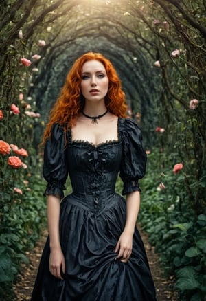 Enigmatic and beautiful woman in an Alice in Wonderland setting, crying obsidian black tears, deep emotional expression, surreal and whimsical atmosphere, Victorian dress, gothic elegance, ethereal glow, fantastical surroundings, hyperrealistic, dramatic chiaroscuro lighting, whimsical elements like oversized flowers and curious creatures, magical and dreamlike quality.,1girl