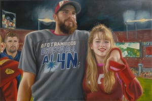 1boy, (Travis Kelsey), crew cut, beard, Caucasian, wearing a dark grey jersey, has his arm around 1girl, (Taylor Swift), long blonde hair, bangs, red lipstick, red oversized sweater, on the field, football stadium at night, smiling at each other,Oil on canvas by Caravaggio ca 1600