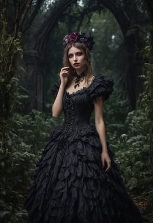 Enigmatic and beautiful woman in an Alice in Wonderland setting, crying obsidian black tears, deep emotional expression, surreal and whimsical atmosphere, Victorian dress, gothic elegance, ethereal glow, fantastical surroundings, hyperrealistic, dramatic chiaroscuro lighting, whimsical elements like oversized flowers and curious creatures, magical and dreamlike quality.,1girl