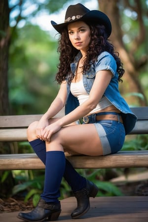 A young woman sits confidently on a wooden bench, surrounded by lush greenery. Her long, dark hair cascades down her back, framing her striking features. She wears a pair of denim shorts, revealing toned legs and knee-high boots. A black cowboy hat rests atop her curly locks, adding to her bold persona. Her eyes sparkle with clarity as she gazes straight ahead. A wide belt encircles her waist, drawing attention to her athletic physique. The sun casts a warm glow on the scene, accentuating her realistic cosplay ensemble, complete with a daring short shorts and high socks combination that exudes playfulness and adventure.