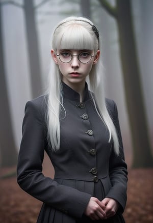 A stern-faced (elf girl:1.3), 16yo, stands formally, her pale skin a canvas for the wispy freckles that dance across her features. Her platinum blonde hair falls in straight, silky strands down her back, framing her sharp jawline and piercing grey eyes, which narrow into a scowl. A sleek black military school jacket with high collar and chin strap is cinched at her waist, showing cleavage, complemented by a black beret perched atop her head. Circle glasses with thin frames perch on the end of her nose, lending an air of intelligent intensity to her countenance. Her bangs are trimmed close to her eyebrows, adding to her overall sense of formality and discipline. The fantasy setting is marked by subtle hints of mysticism in the misty background, where ancient trees and mysterious orbs seem to whisper secrets to the wind.