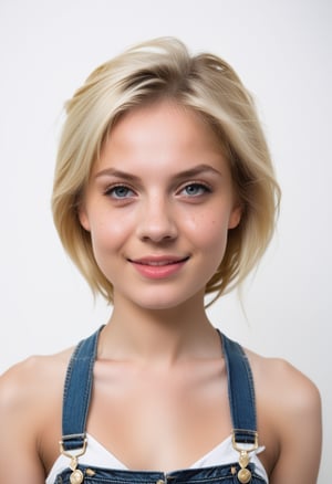 young woman with short, blonde hair and a scattering of freckles across her cheeks sits in front of a pure white background, her bare shoulders and upper body visible. Her eyes are cast slightly downward, while her lips curl into a subtle smile. A pair of overalls hangs loosely from her waist, adding a touch of playfulness to the otherwise minimalist composition. Soft, natural light illuminates her features, accentuating the texture of her skin. Photographer Richard Avedon, 1girl, dynamic pose 